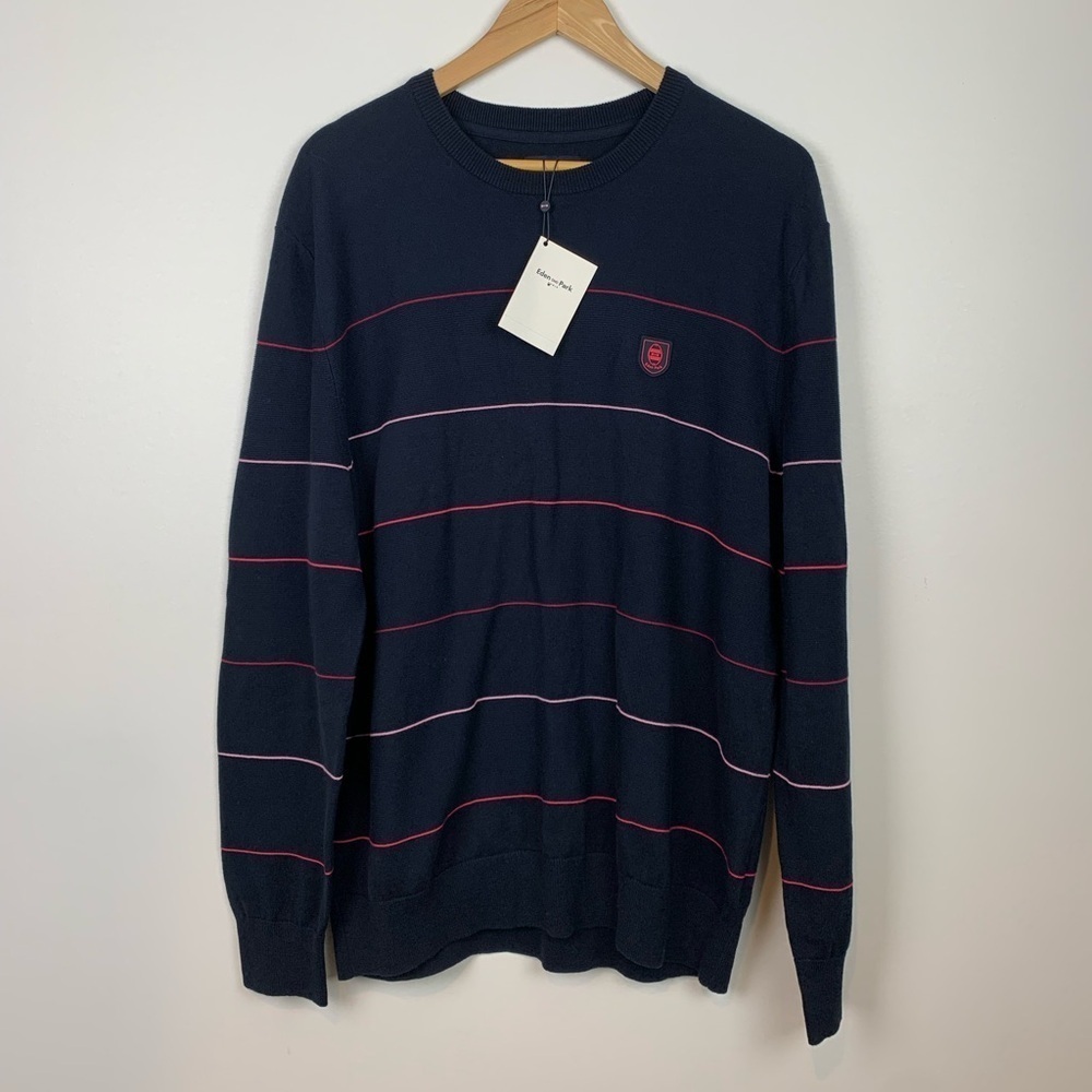 NWT Eden Park Sweater Men’s Navy Blue Size XL Logo Pink Stripes Preppy Crewneck